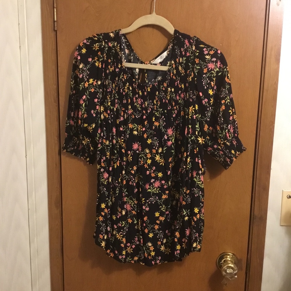 Floral Smocked Black Women's Blouse - Short Sleeve 0X